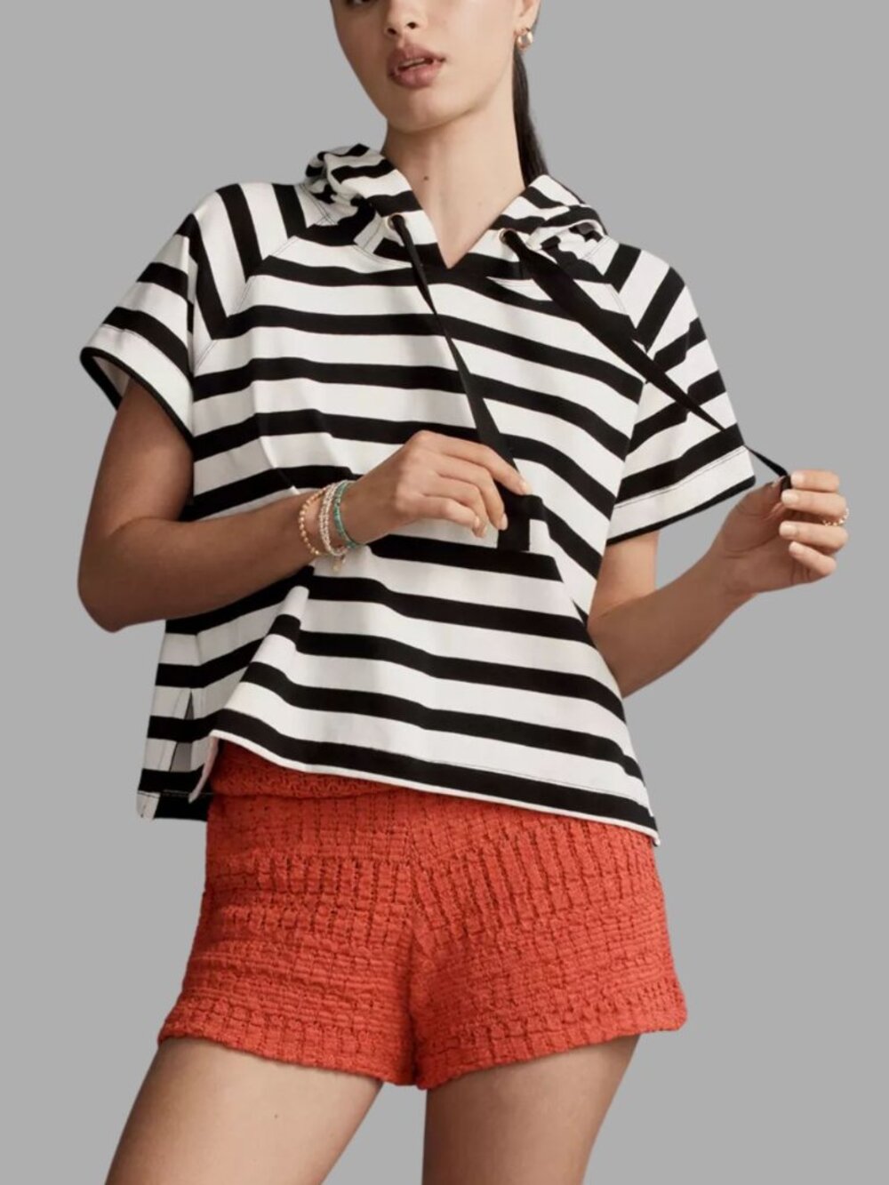 Anthropologie Maeve Boxy Striped Short-Sleeve Hoodie White Black Size XL